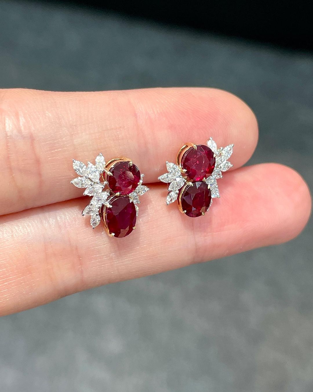 Red Oval And Round Cut Cubic Zirconia Two Stone With Cluster Earrings For Her | Thank You Gift Earring For Ladies | Elegance Design Earring