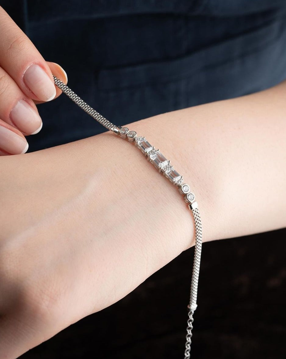 White Emerald Brilliant Cut Signity Diamond Three Stone Bracelet | Anniversary Gift Bracelet For Wife | First Communication Gift Bracelet