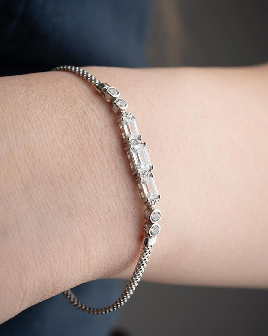 White Emerald Brilliant Cut Signity Diamond Three Stone Bracelet | Anniversary Gift Bracelet For Wife | First Communication Gift Bracelet