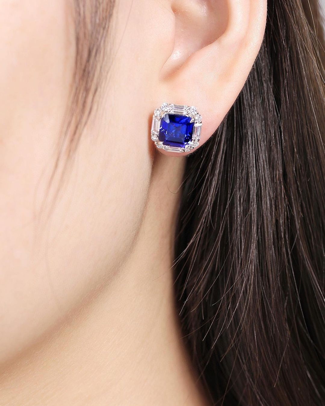 Blue Asscher Cut Cubic Zirconia Halo Stud Earring For Her | Party Wear Earring For Women | Fashion Jewelry | Elegance Design Earring