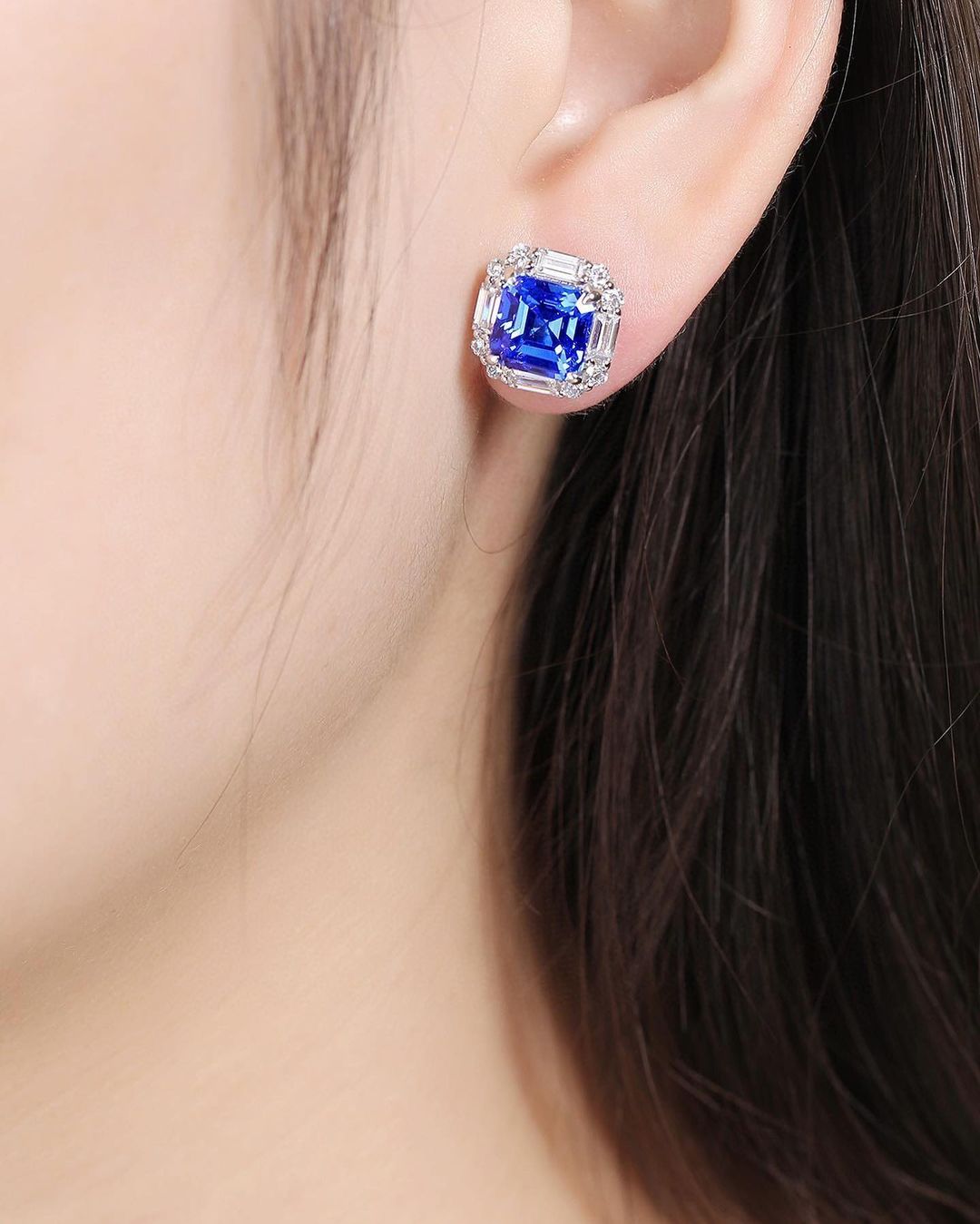 Blue Asscher Cut Cubic Zirconia Halo Stud Earring For Her | Party Wear Earring For Women | Fashion Jewelry | Elegance Design Earring