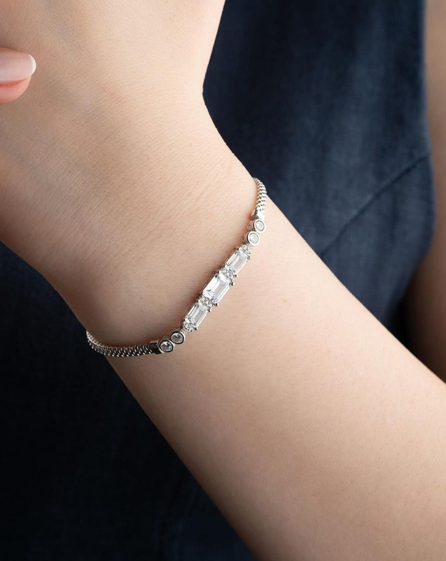 White Emerald Brilliant Cut Signity Diamond Three Stone Bracelet | Anniversary Gift Bracelet For Wife | First Communication Gift Bracelet
