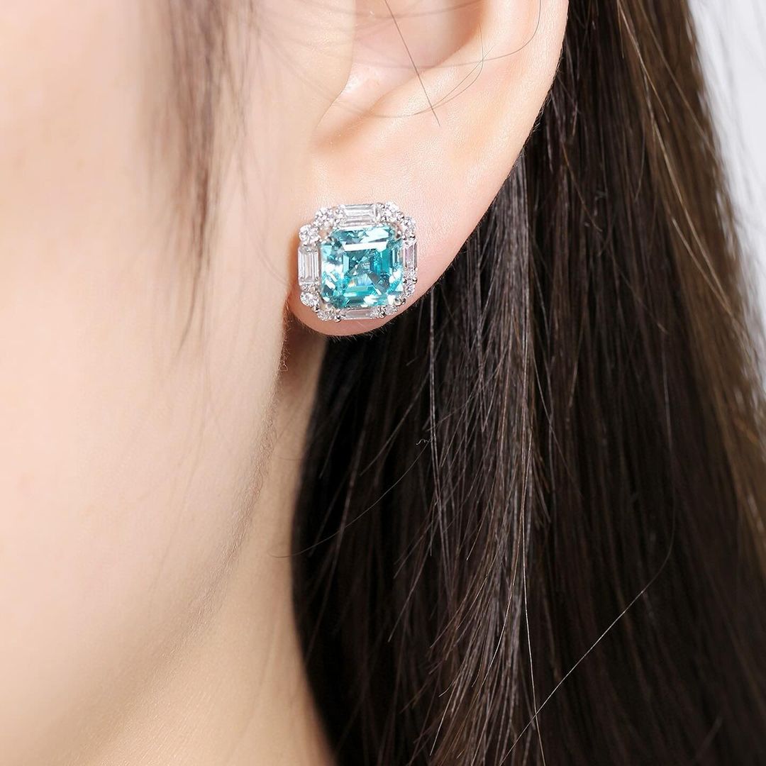 Aquamarine Asscher Cut Cubic Zirconia Halo Stud Earring For Her | Fashionable Gift For Women | Brides Maid Wedding Gift