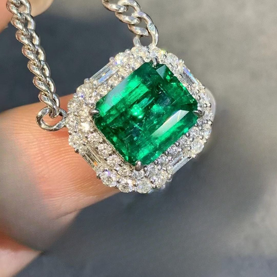 3.20Ct Green Emerald Cut Double Halo Pendant | Birthday Gift Pendant For Women | Surprise Gift Pendant For Her | Bridal Jewelry