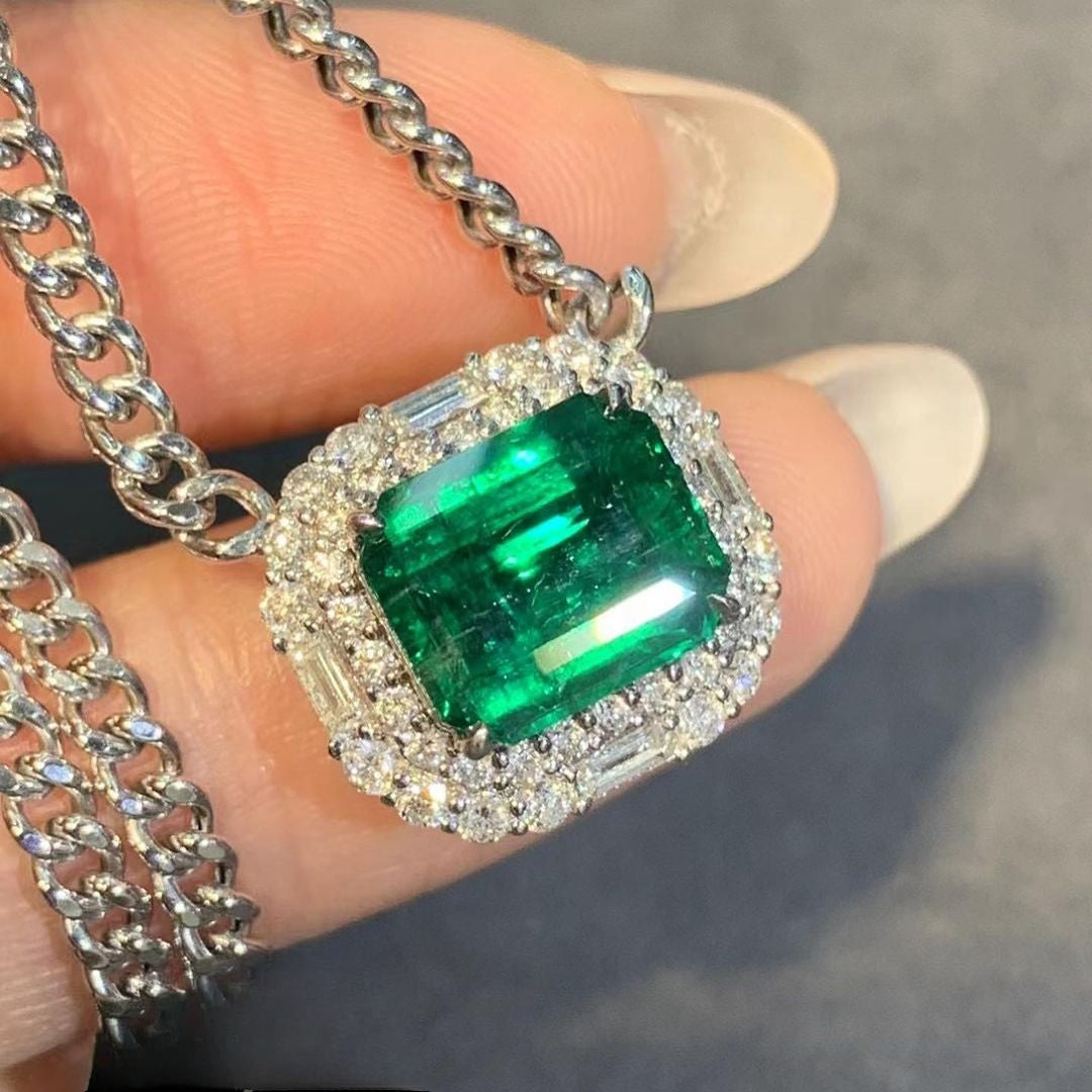 3.20Ct Green Emerald Cut Double Halo Pendant | Birthday Gift Pendant For Women | Surprise Gift Pendant For Her | Bridal Jewelry