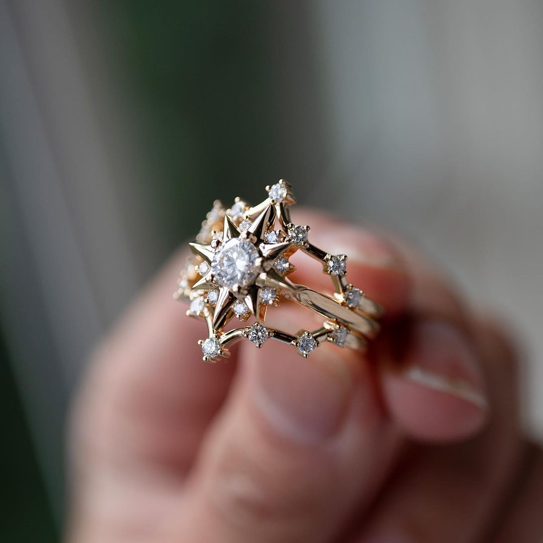 2.4CT White Round Cut Solitaire Ring Set | Wedding Bridal Ring Set | Snow flack Ring Set | Triple Band Ring