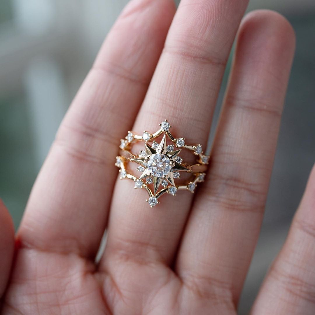 2.4CT White Round Cut Solitaire Ring Set | Wedding Bridal Ring Set | Snow flack Ring Set | Triple Band Ring