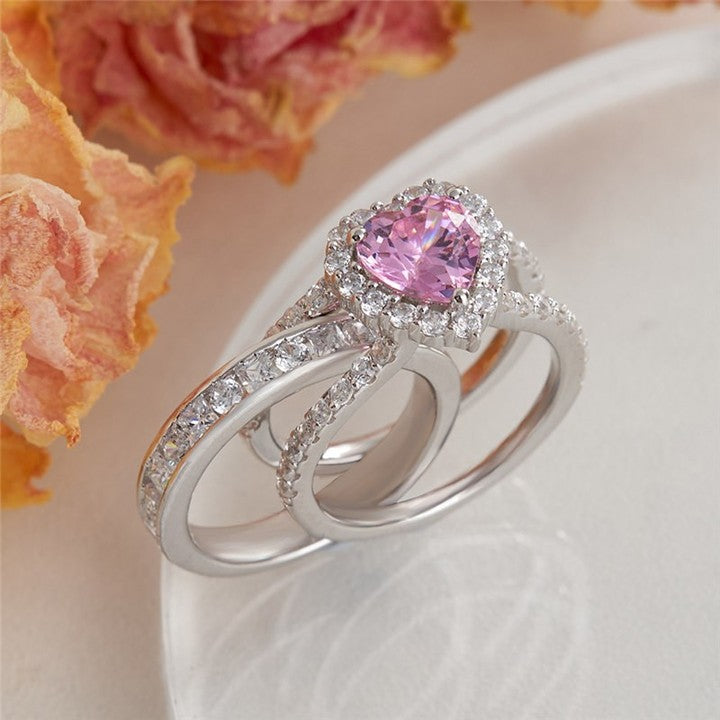 2.5Ct Pink Heart Cut Halo Ring | Anniversary Gift Ring Set For Wife | Unique Ring Set | Personalized Gift