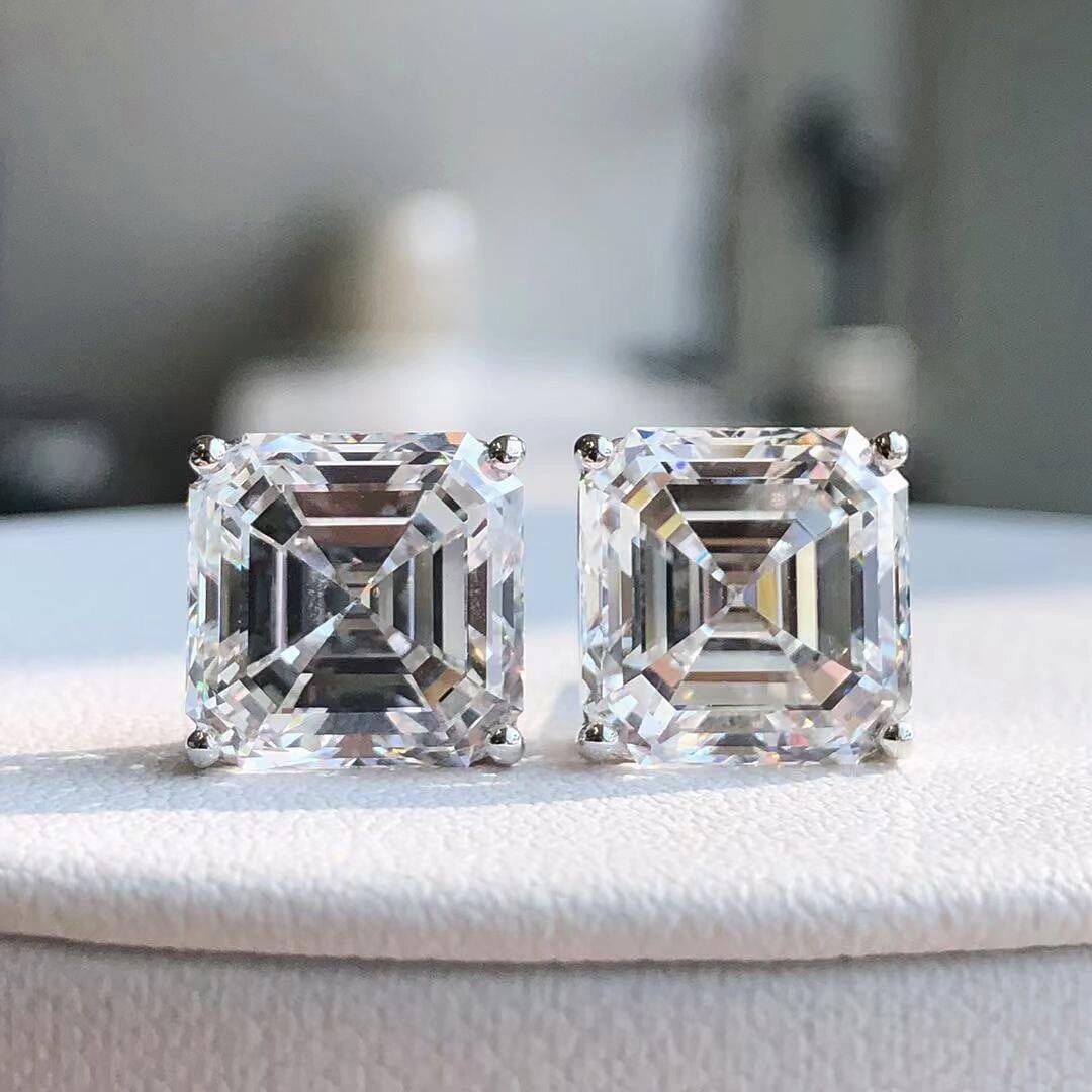 White Asscher Cut Cubic Zirconia Solitaire Stud Earring For Her | Basket Set Stud Earring For Women | Stylish Engagement Gift Earring For Love