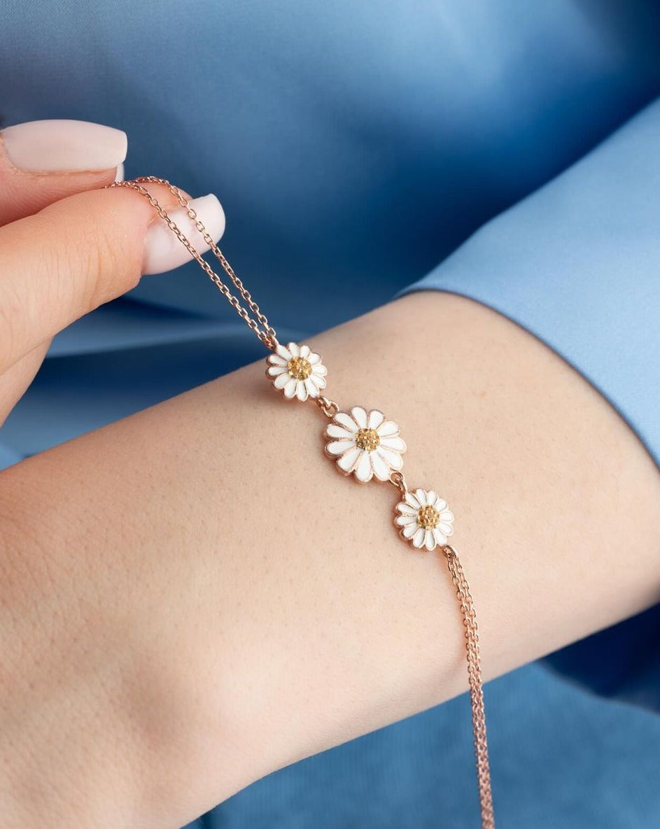Three Glitter Daisy White Enamel Bracelet For Her | Birthday Gift Bracelet For Sister | Stylish Bracelet For Women
