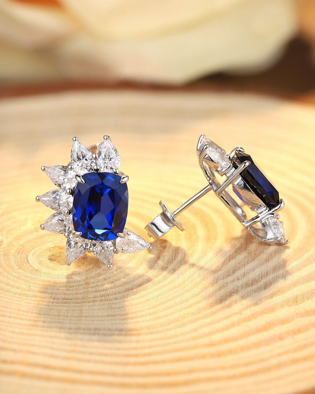 Blue Cushion Cut Cubic Zirconia Solitaire With Cluster Earrings | Bridal Wedding Gift Earring | Thank You Gift Earring For Women