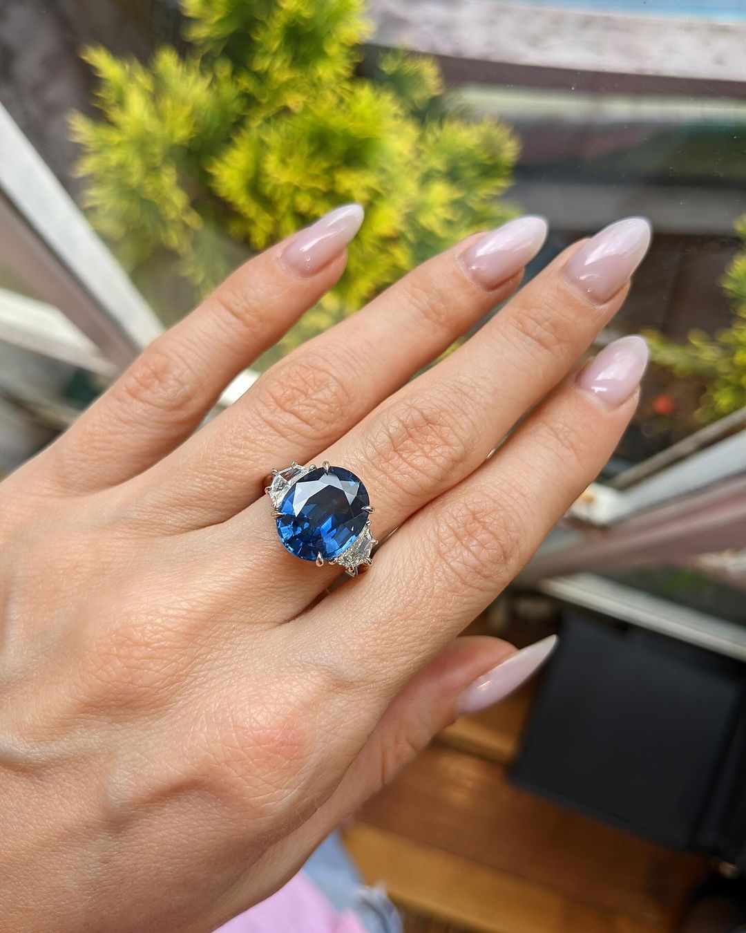 3.8CT Blue Oval Cut Three Stone Ring | Party Wear Ring For Women | Luxury Jewelry | Fashionable Ring