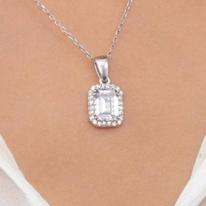 2.80Ct White Emerald Cut Halo Pendant | Birthday Gift Pendant | Statement Pendant For Her | Women Jewelry Collection