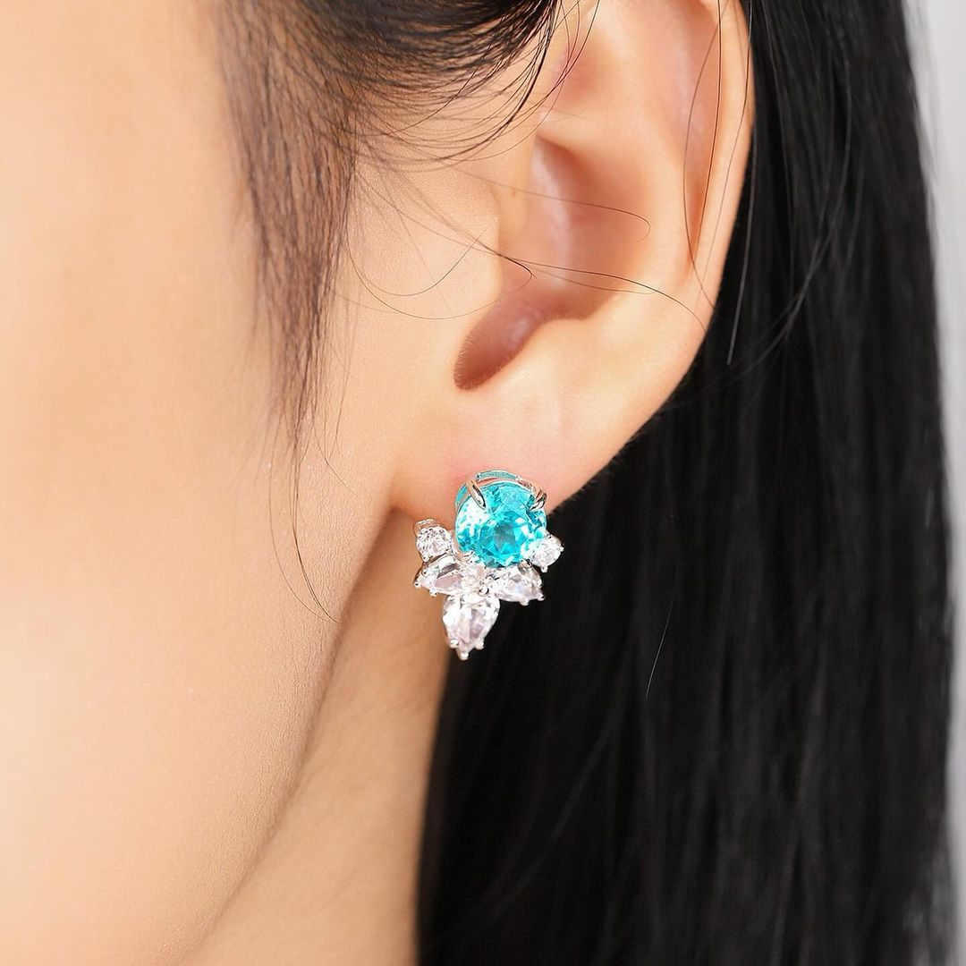 Aquamarine Round Cut Cubic Zirconia Solitaire With Cluster Earrings For Her | Bridesmaid Wedding Earring | Stylish Earring For Women