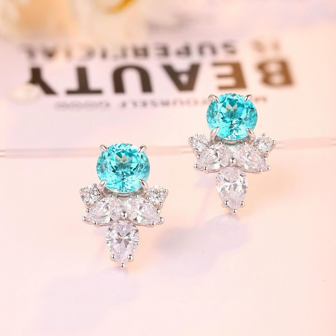 Aquamarine Round Cut Cubic Zirconia Solitaire With Cluster Earrings For Her | Bridesmaid Wedding Earring | Stylish Earring For Women