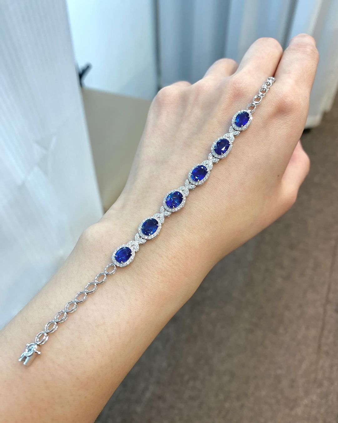 Blue Oval Brilliant Cut Signity Diamond Halo Bracelet For Her | Anniversary Gift Bracelet For Wife | Luxury Jewelry For Her