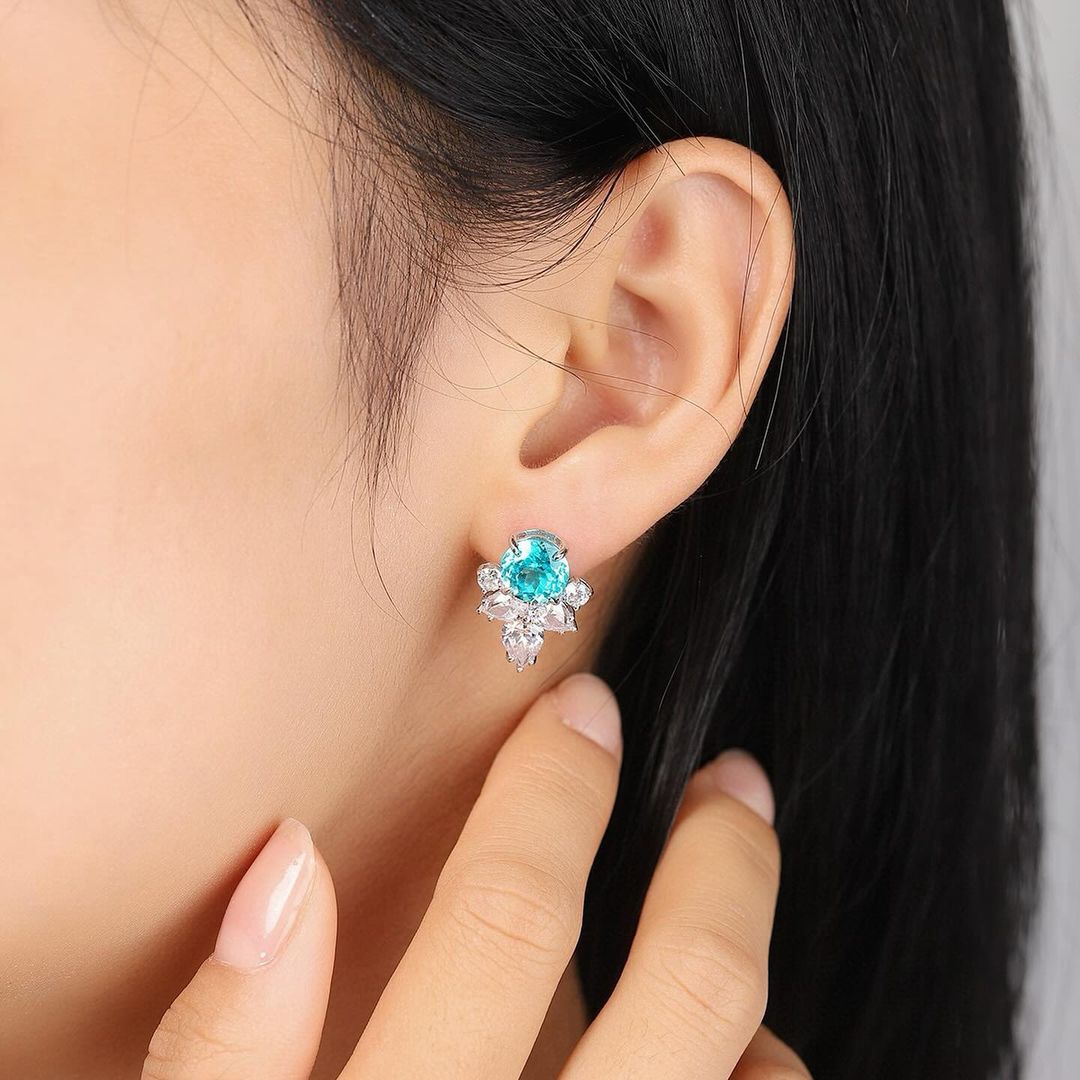 Aquamarine Round Cut Cubic Zirconia Solitaire With Cluster Earrings For Her | Bridesmaid Wedding Earring | Stylish Earring For Women