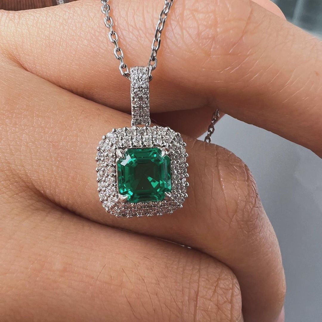 2.80Ct Green Asscher Cut Double Halo Pendant | Party Wear Pendant For Her | Bride To Be | Women Jewelry