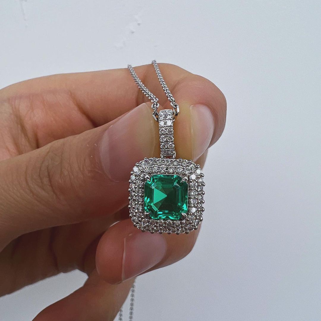 2.80Ct Green Asscher Cut Double Halo Pendant | Party Wear Pendant For Her | Bride To Be | Women Jewelry