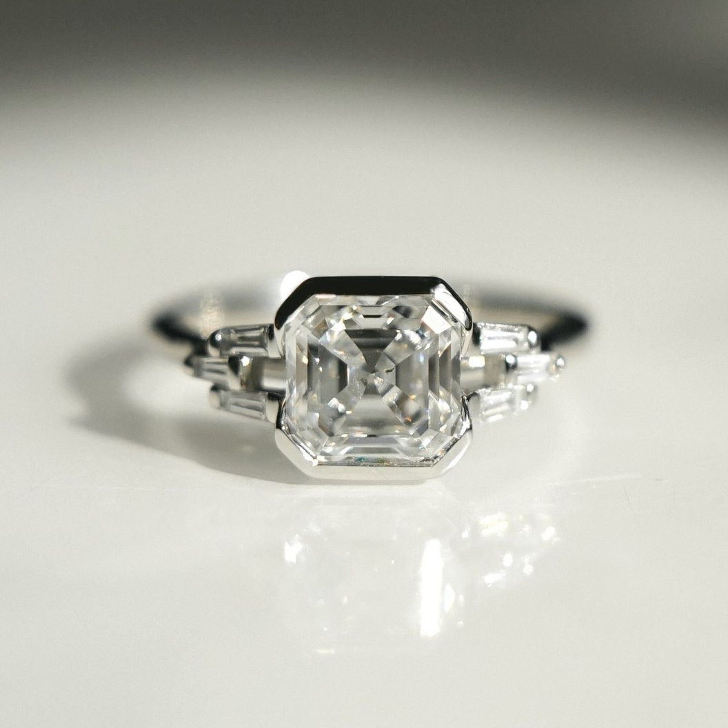 3.1Ct White Asscher Cut Half Bezel Ring Set | Engagement Ring Set For Fiancee | Double Band Ring Set | Jewelry Collection For Women