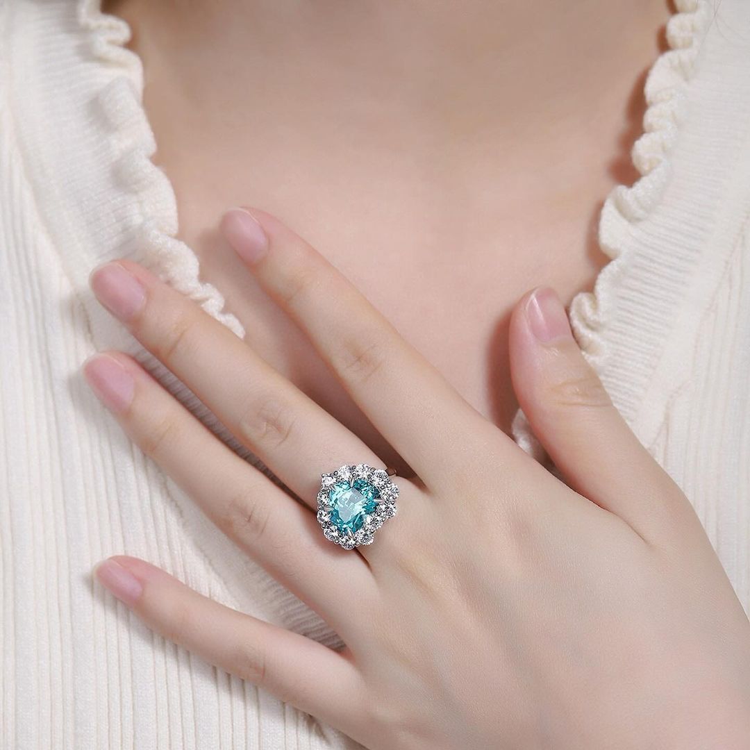 3.2CT Aquamarine Heart Cut Halo Ring | Party Wear Ring For Women | Fashion Jewelry | Gift For Her