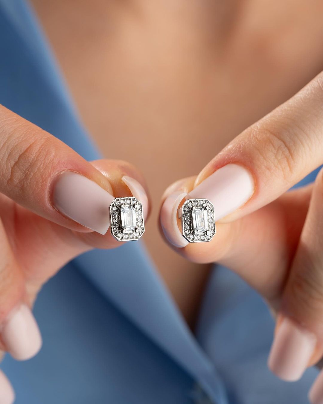 White Baguette Cut Cubic Zirconia Halo Setting Stud Earring For Her | Engagement Promise Stud Earring For Fiancee | Designer Earring For Women