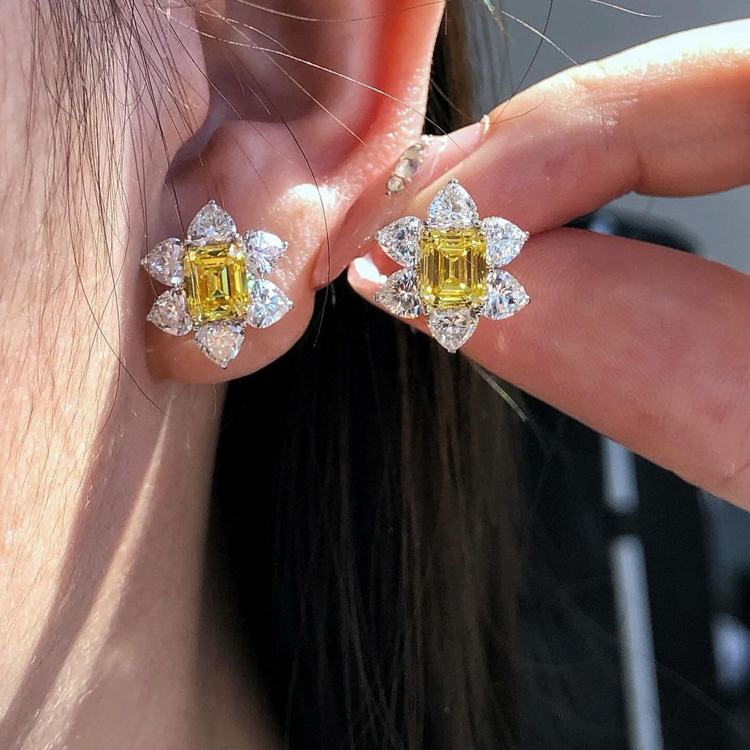 Canary Yellow Emerald Cut Cubic Zirconia Solitaire With Cluster Stud Earrings For Her | Engagement Bridal Gift Earring | Fashion Jewelry Collection For Women