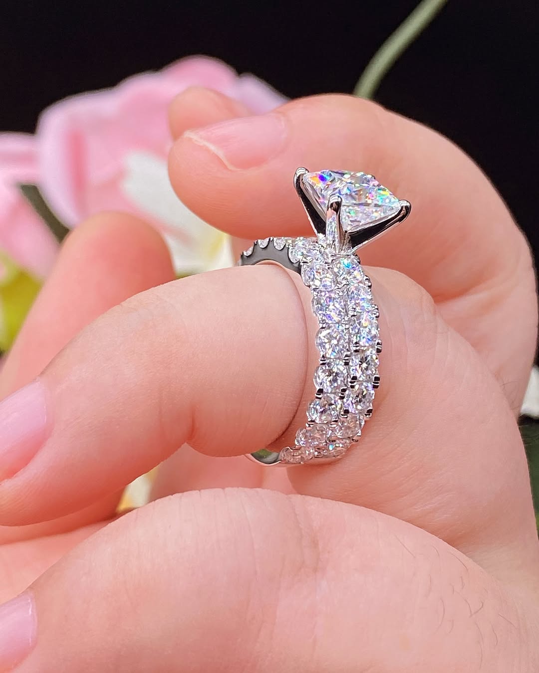 3.10Ct White Princess Cut Solitaire Ring With Half Eternity Band Ring | Bridesmaid Jewelry Gift Ring Set | Valentine's Gift Ring Set