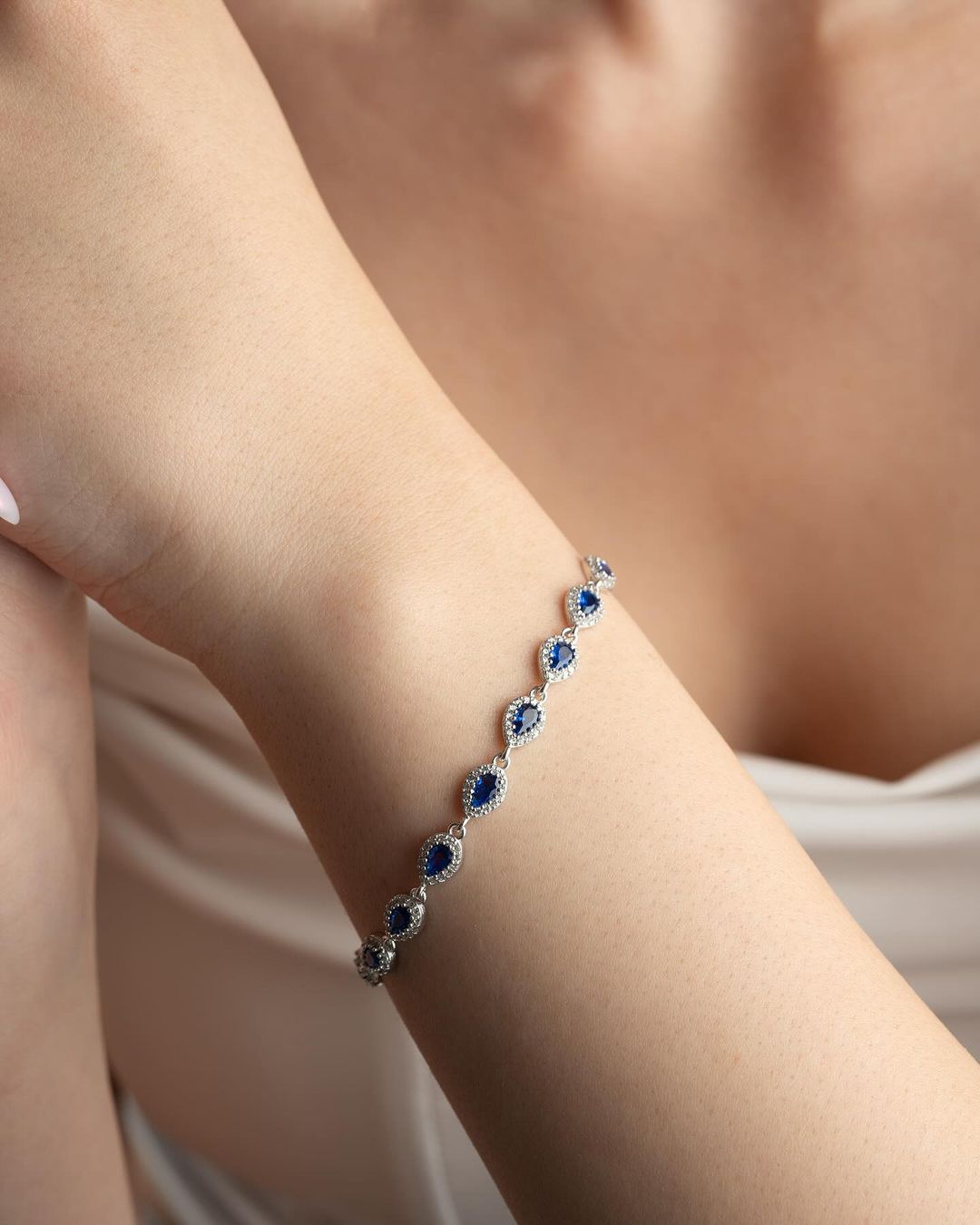 Blue Pear Brilliant Cut Signity Diamond Halo Tennis Bracelet | Birthday Gift Bracelet For Mother | Jewelry Collection For Women