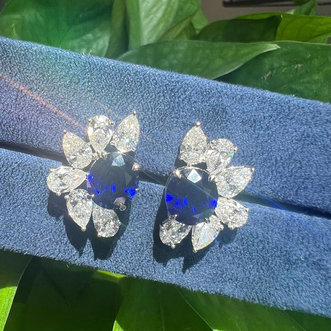 Blue Oval Cut Cubic Zirconia Solitaire With Cluster Stud Earrings | Party Wear Stud Earrings For Women | Bride To Be Earring