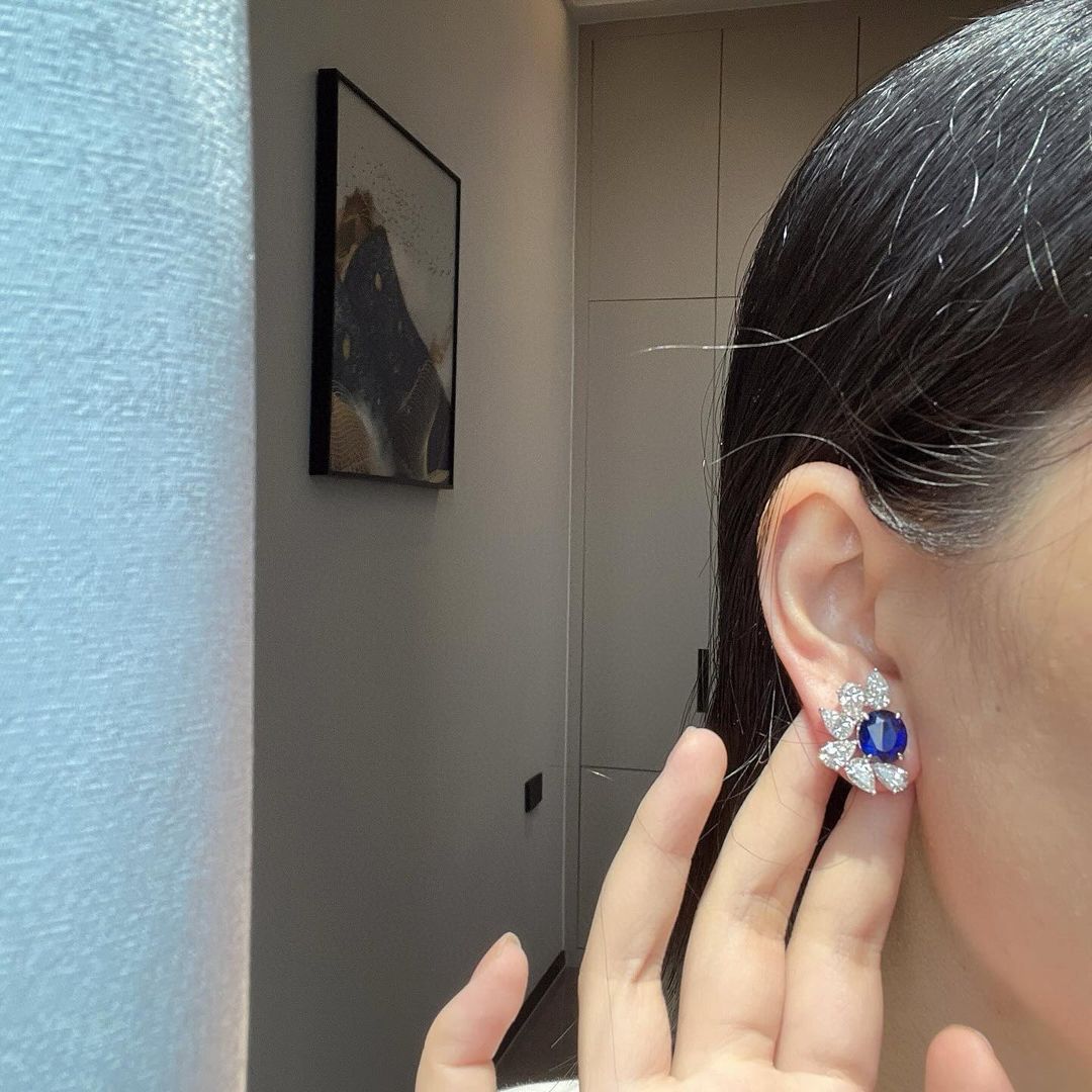 Blue Oval Cut Cubic Zirconia Solitaire With Cluster Stud Earrings | Party Wear Stud Earrings For Women | Bride To Be Earring