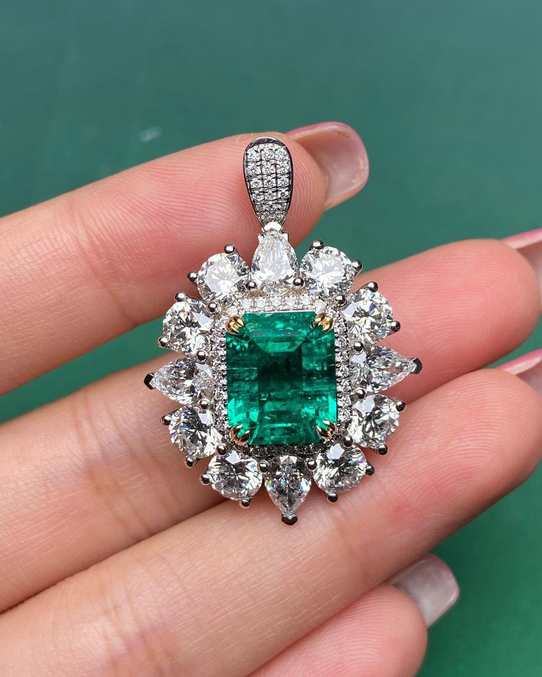 2.80Ct Green Emerald Cut Double Halo Pendant | Party Wear Pendant For Women| Beautiful Pendant | Luxury Jewelry