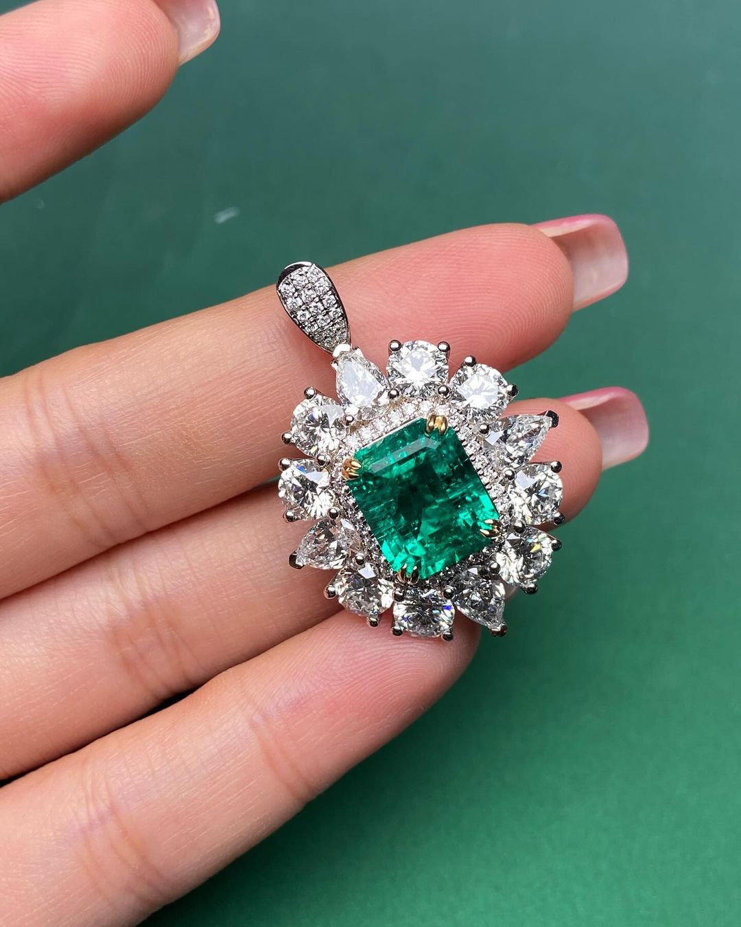 2.80Ct Green Emerald Cut Double Halo Pendant | Party Wear Pendant For Women| Beautiful Pendant | Luxury Jewelry