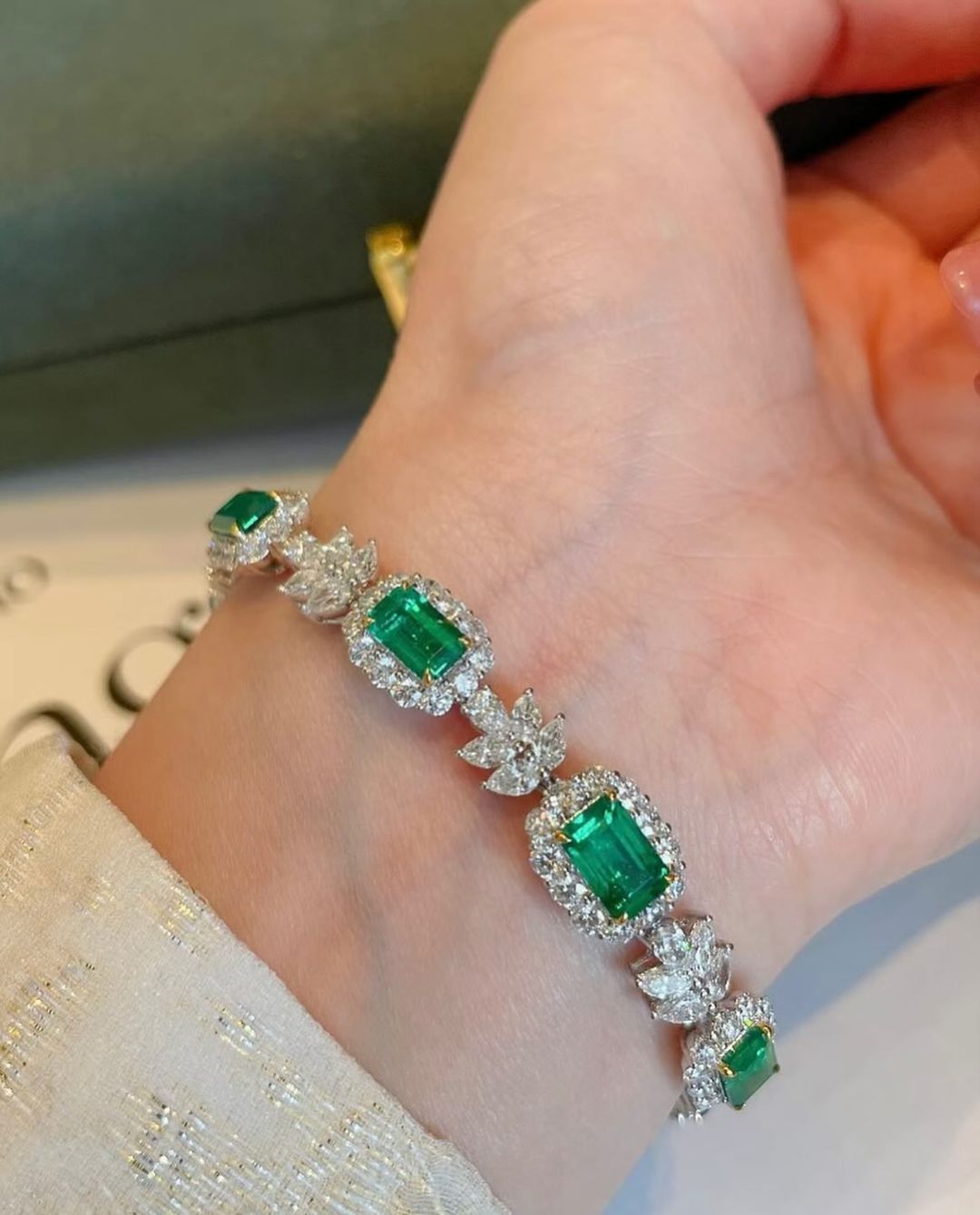 Green Emerald Brilliant Cut Signity Diamond Halo With Cluster Bracelet | Wedding Jewelry Gift Bracelet For Bridal | Stylish Engagement Gift For Love