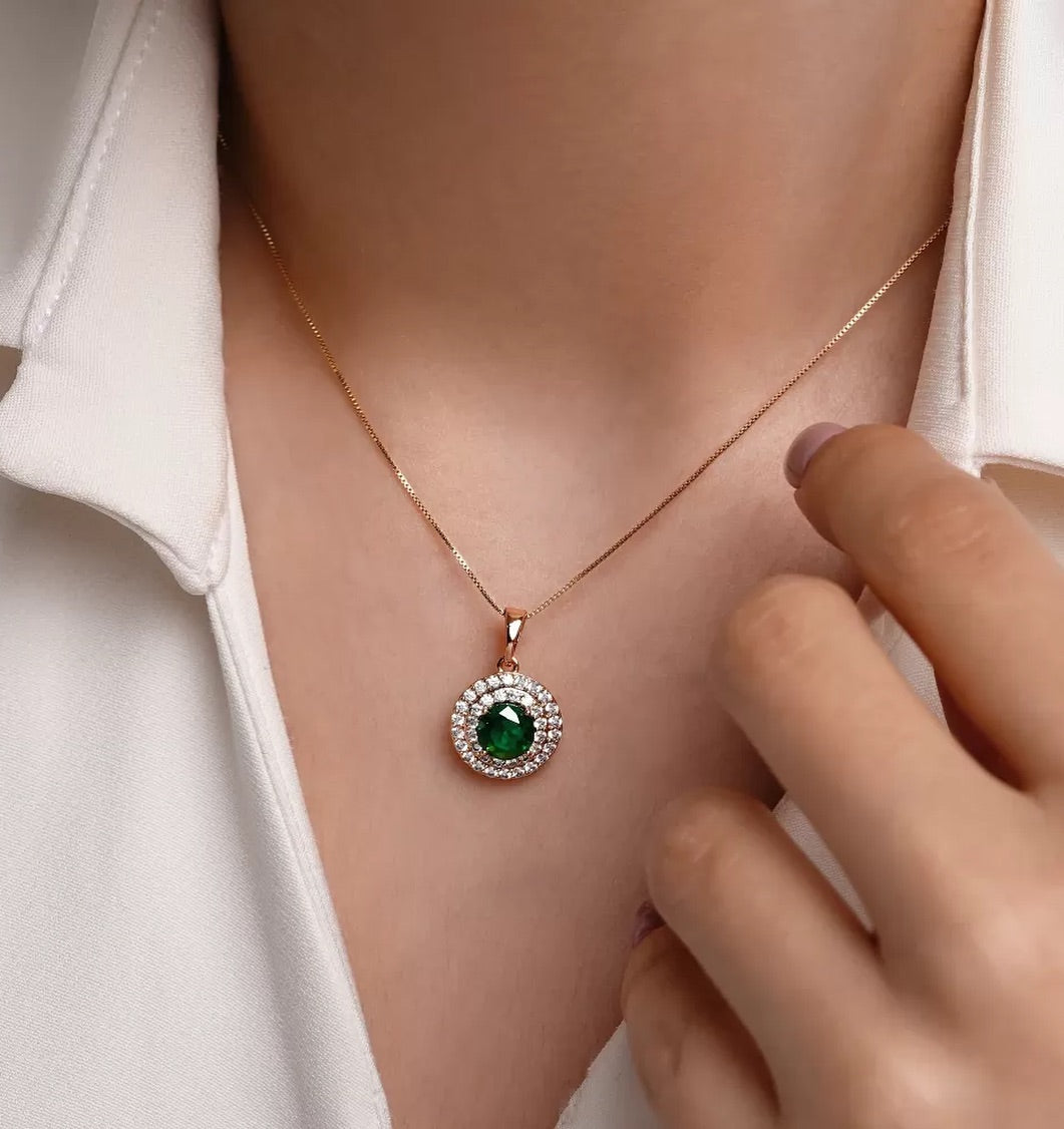3.10Ct Green Round Cut Double Halo Pendant | Elegant Jewelry Piece | Modern Bridal Pendant | Bride To Be | Luxury Jewelry