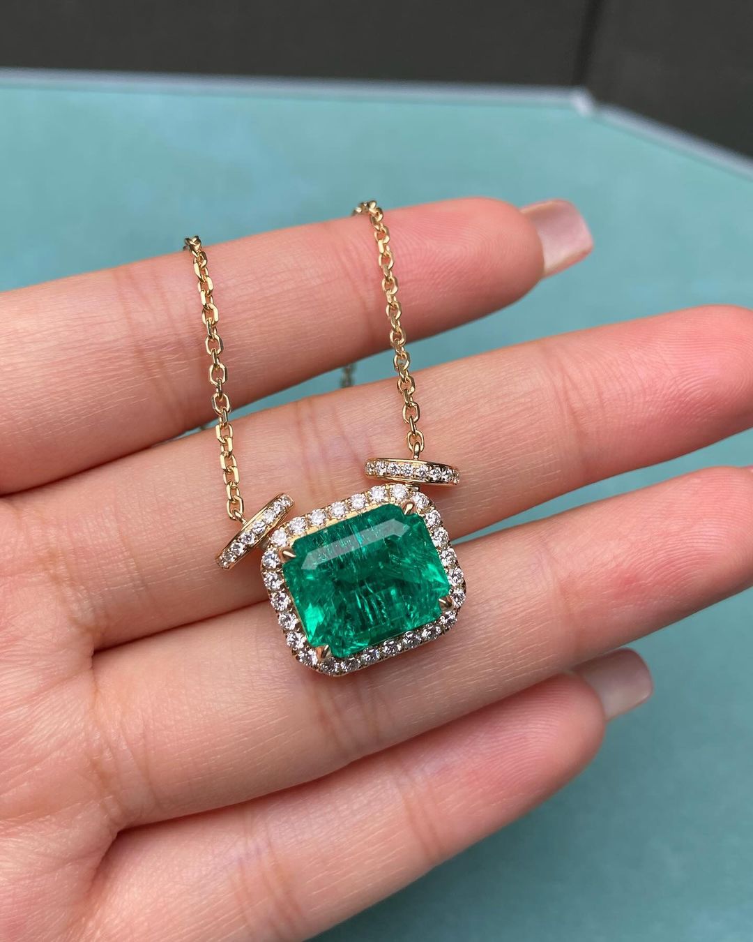 3.50Ct Green Emerald Cut Halo Pendant | Stunning Pendant For Her | Stylish Pendant For Women | Fashion Jewelry