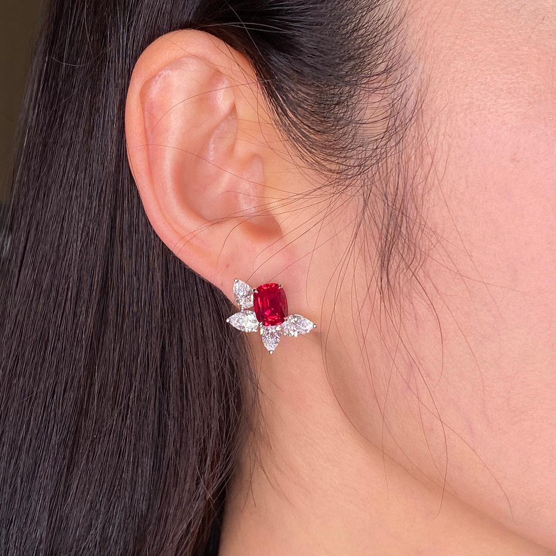 Red Cushion Cut Cubic Zirconia Solitaire With Cluster Earrings For Her | Party Wear Earring For Women | Special Occasion Gift Earring For Love