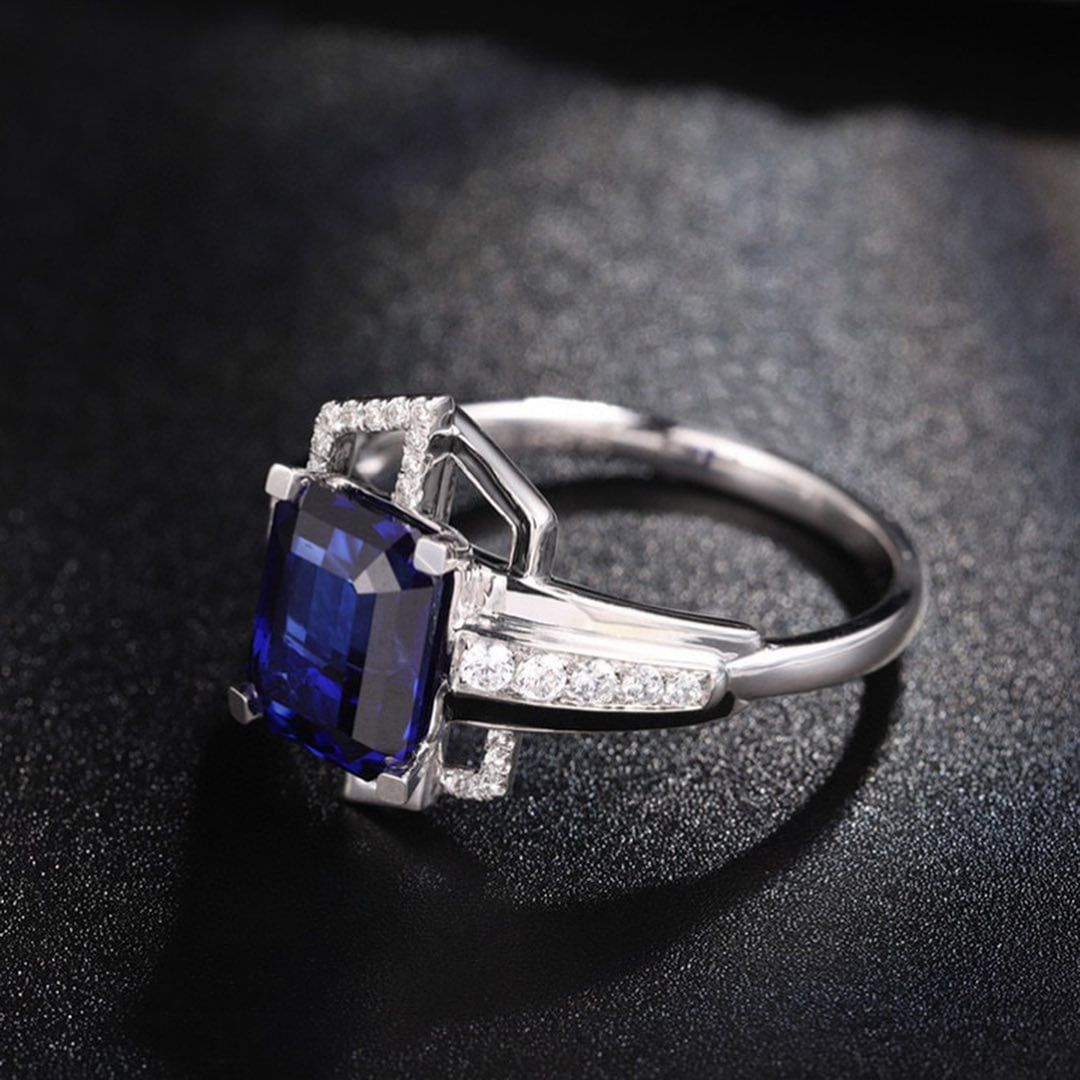 3.2Ct Blue Emerald Cut Solitaire Ring | Party Wear Ring For Women | Celebrity Style Ring | Fashion Jewelry For Her