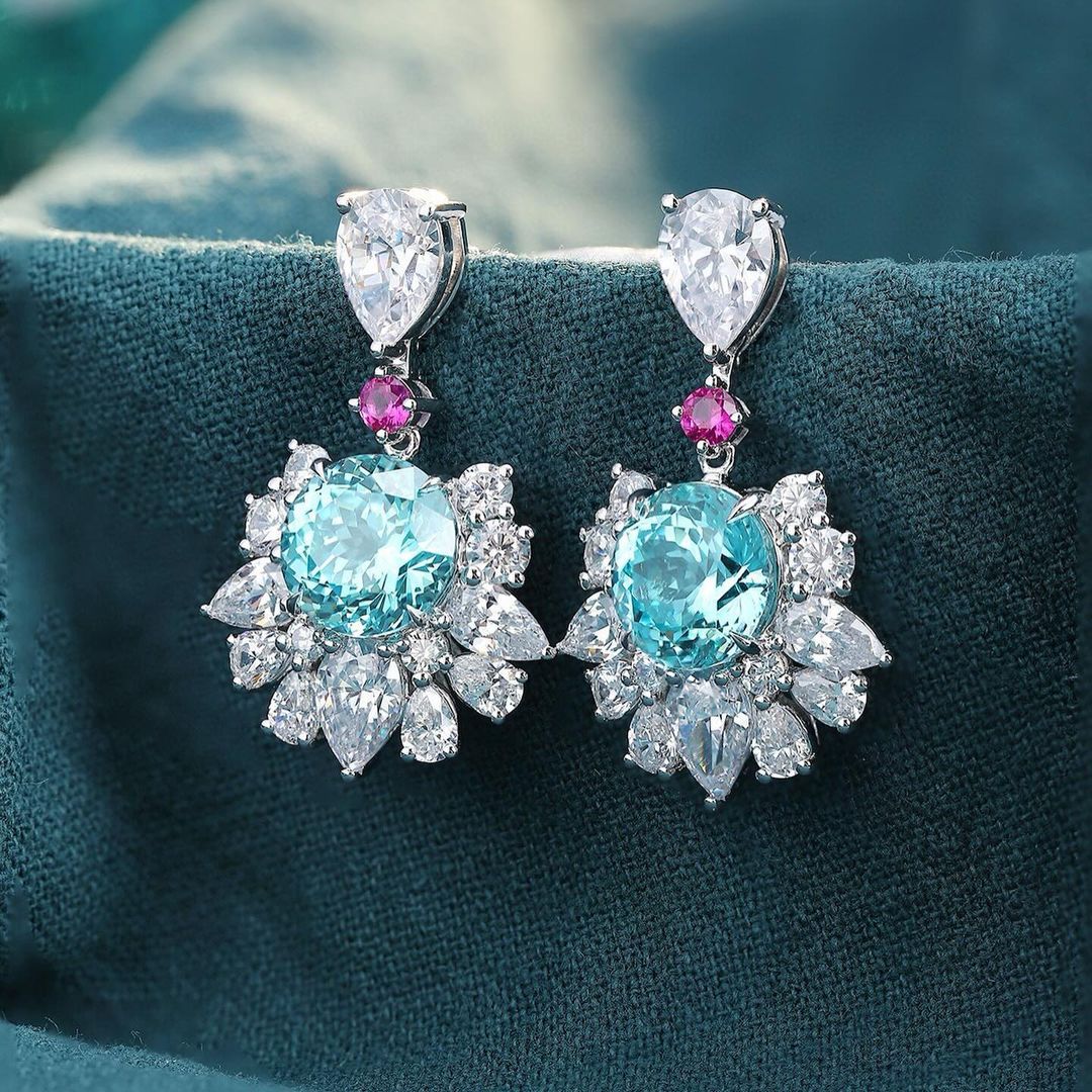 Aquamarine Round Cut Cubic Zirconia Solitaire With Cluster Drop Earring For Women | Bridesmaid Wedding Earring | Perfect Gift For Special Occasion Earring