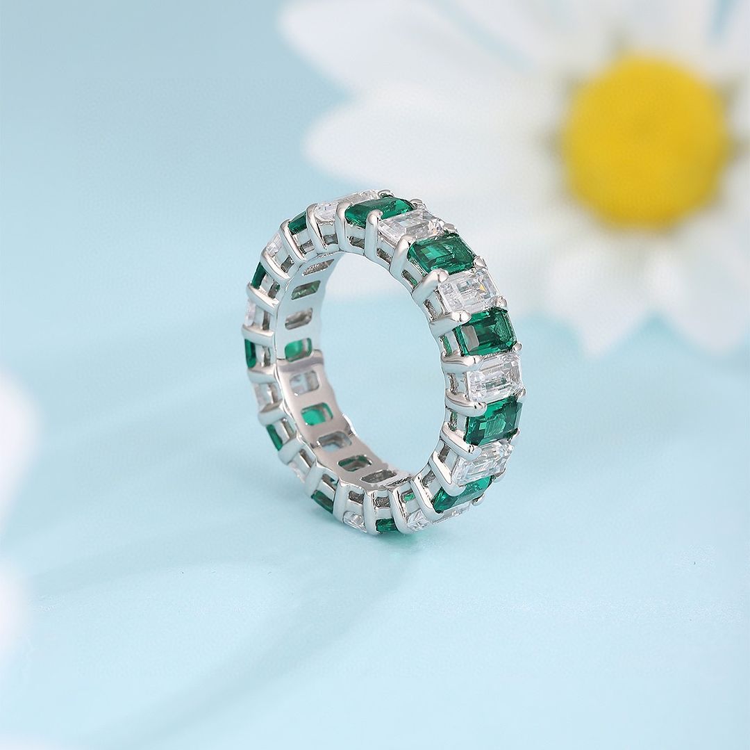 2.2Ct White And Green Emerald Cut Prong Set Band Ring | Birthday Gift Band Ring For Mother | Everyday Wear Jewelry For Women | Beautiful Band Ring For Her