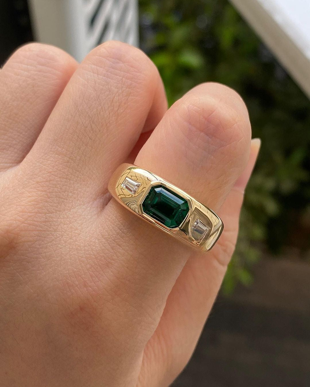2.8Ct Green Emerald Cut Bezel Set And Three Stone Ring | Anniversary Gift Ring For Wife | Personalized Gift | Timeless Design