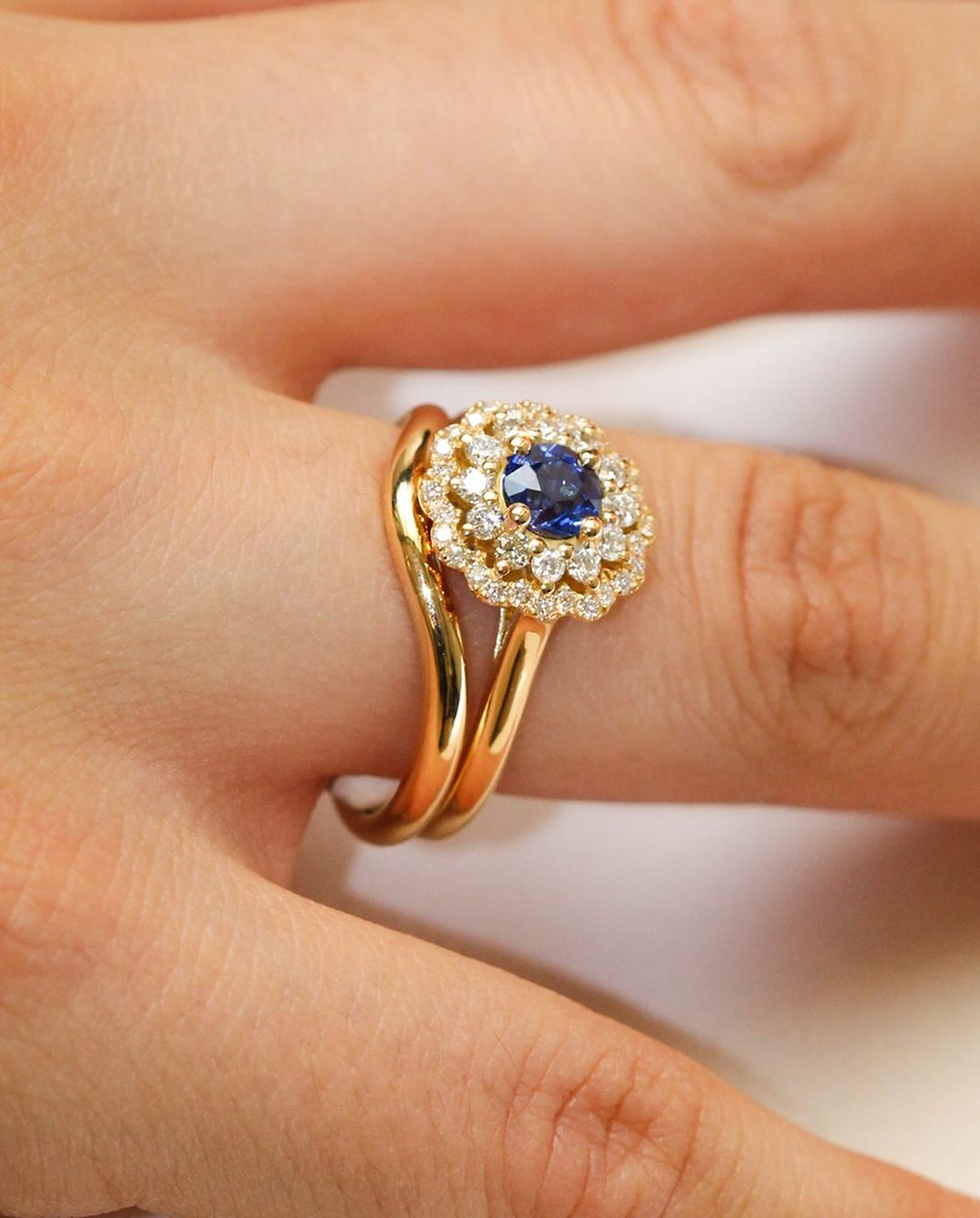 2.2Ct Blue Round Cut Double Halo Ring Set For Her | Bridal Wedding Ring Set | Luxury Jewelry Piece | Women Jewelry Collection