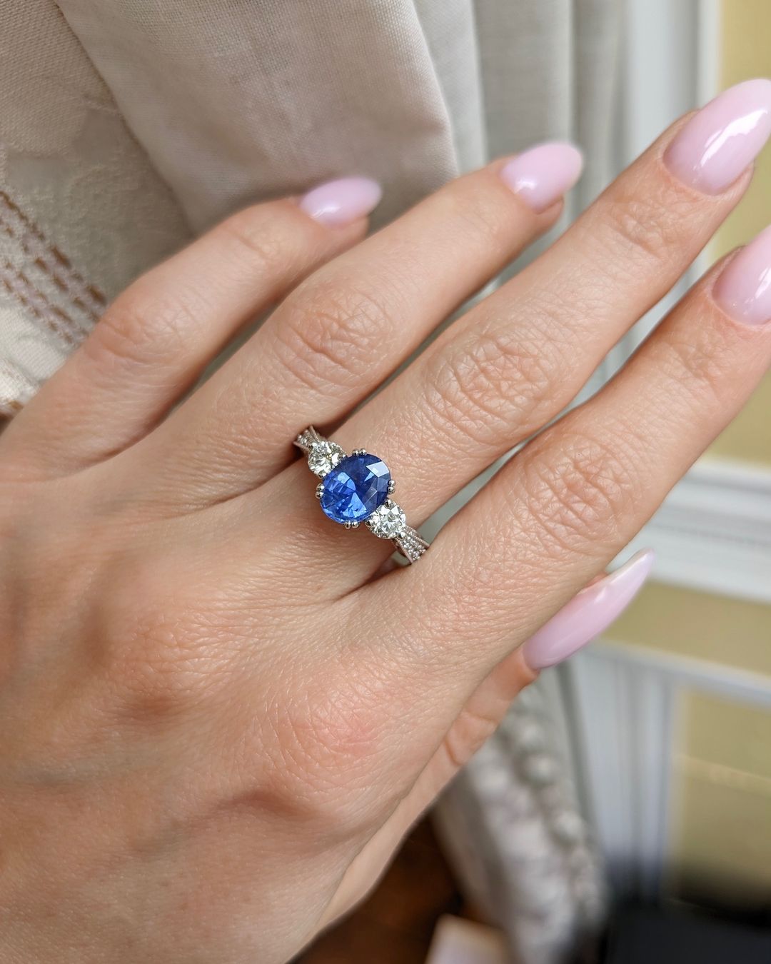 2.2Ct Blue Oval Cut Three Stone Ring For Her | Engagement Promise Ring For Fiancee | Personalized Gift Ring | Gift For Love