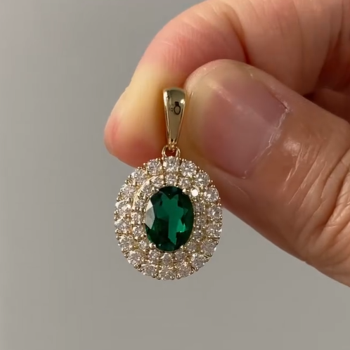 3.10Ct Green Oval Cut Double Halo Pendant | Wedding Gift Pendant For Bridal | Modern Style Pendant | Luxury Jewelry For Women