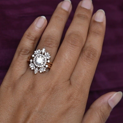 3.10Ct White Round Cut Halo Ring Set | Designer Ring Set | Party Wear Ring Set | Fashion Jewelry