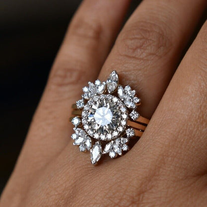 3.10Ct White Round Cut Halo Ring Set | Designer Ring Set | Party Wear Ring Set | Fashion Jewelry