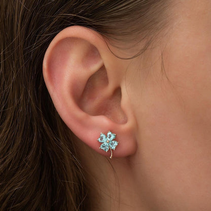 Clover Shape Aquamarine Heart Cut Cubic Zirconia Prong Earrings For Her | Four Leaf Clover Earring For Women | Bridesmaid And Cut Earring