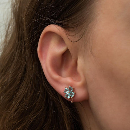 Clover Shape Aquamarine Heart Cut Cubic Zirconia Prong Earrings For Her | Four Leaf Clover Earring For Women | Bridesmaid And Cut Earring