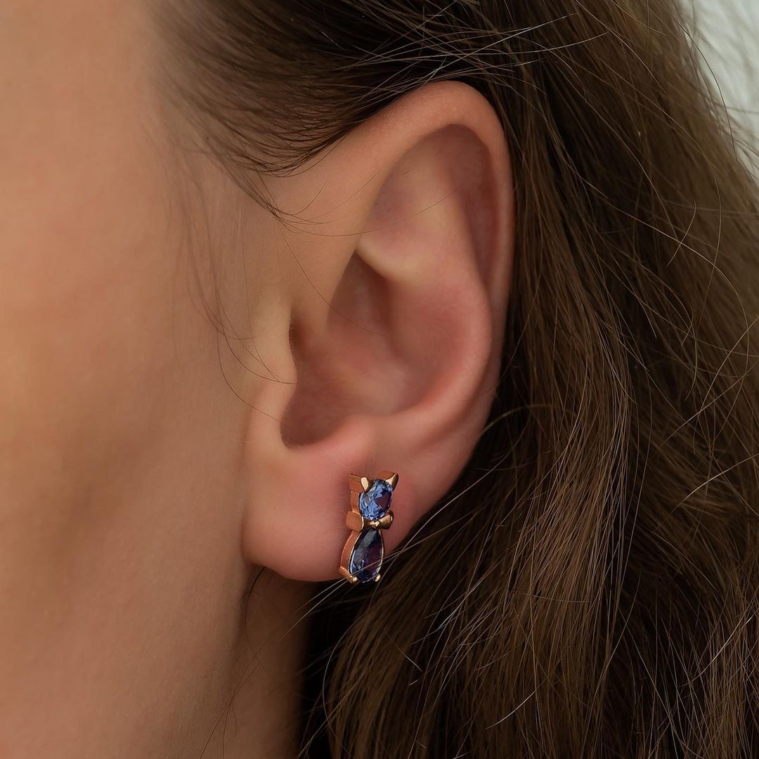 Cat Shape Blue Round And Pear Cut Cubic Zirconia Solitaire Earrings | Minimalist Cat Mystical Earrings | Everyday Wear Earring For Her
