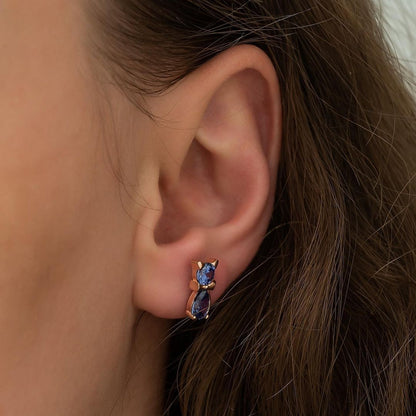 Cat Shape Blue Round And Pear Cut Cubic Zirconia Solitaire Earrings | Minimalist Cat Mystical Earrings | Everyday Wear Earring For Her